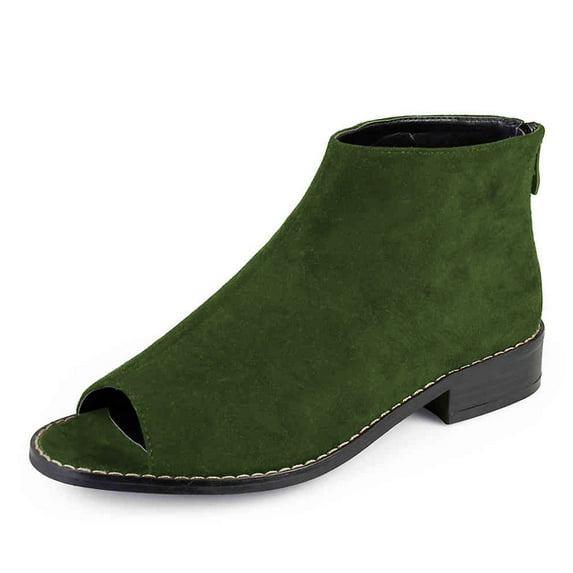 YDN Women Comfort Block Low Heels Ankle Bootie Peep Toe Pumps Versatile Suede Flats Shoes with Back Zipper Daily Size 16 Olive