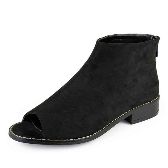 YDN Women Comfort Block Low Heels Ankle Bootie Peep Toe Pumps Versatile Suede Flats Shoes with Back Zipper Daily Size 6.5 Black