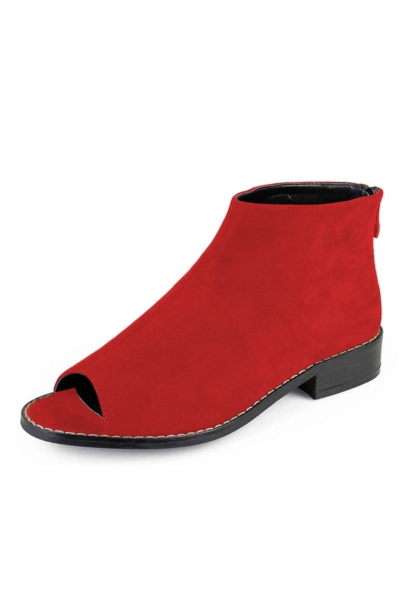 Women Comfort Block Low Heels Ankle Bootie Peep Toe Pumps Versatile Suede Flats Shoes with Back Zipper Daily Size 9 Red