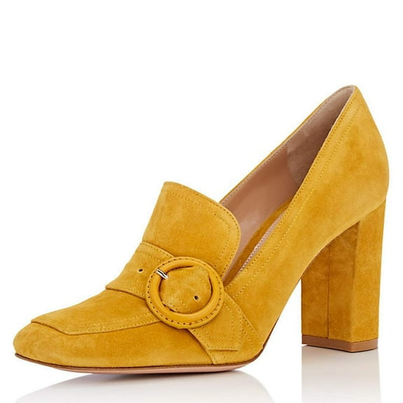 YDN Women Comfortable Chunky High Heels Square Closed Toe Loafer Slip On Buckle Decoration Pumps Dress Office Shoes Size 14 Yellow