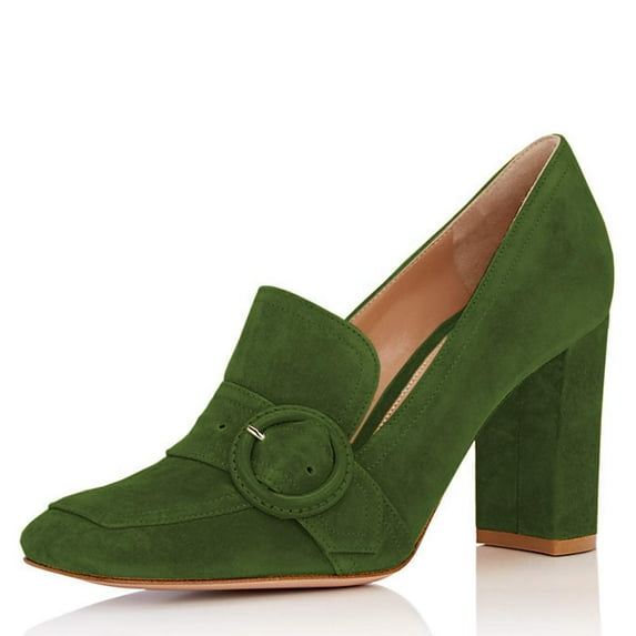 YDN Women Comfortable Chunky High Heels Square Closed Toe Loafer Slip On Buckle Decoration Pumps Dress Office Shoes Size 5.5 Olive Green