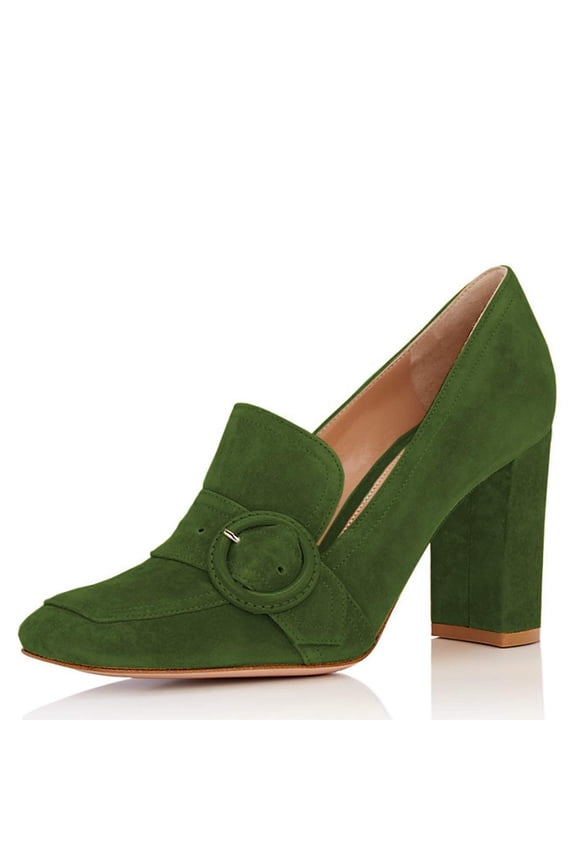Women Comfortable Chunky High Heels Square Closed Toe Loafer Slip On Buckle Decoration Pumps Dress Office Shoes Size 8.5 Olive Green