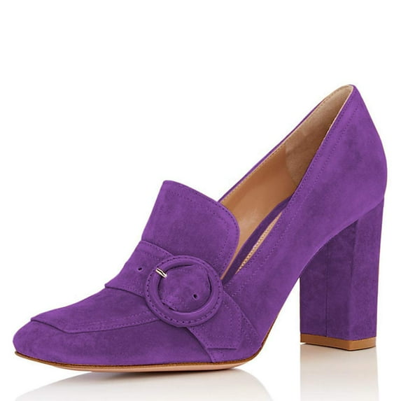 YDN Women Comfortable Chunky High Heels Square Closed Toe Loafer Slip On Buckle Decoration Pumps Dress Office Shoes Size 9.5 Purple