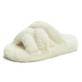 thumbnail image 1 of YDN Women Comfortable Flats Slippers Open Round Toe Fur Slides Sandals Cross Strap Slip On Shoes for Indoor Party Daily Size 7.5 White, 1 of 4