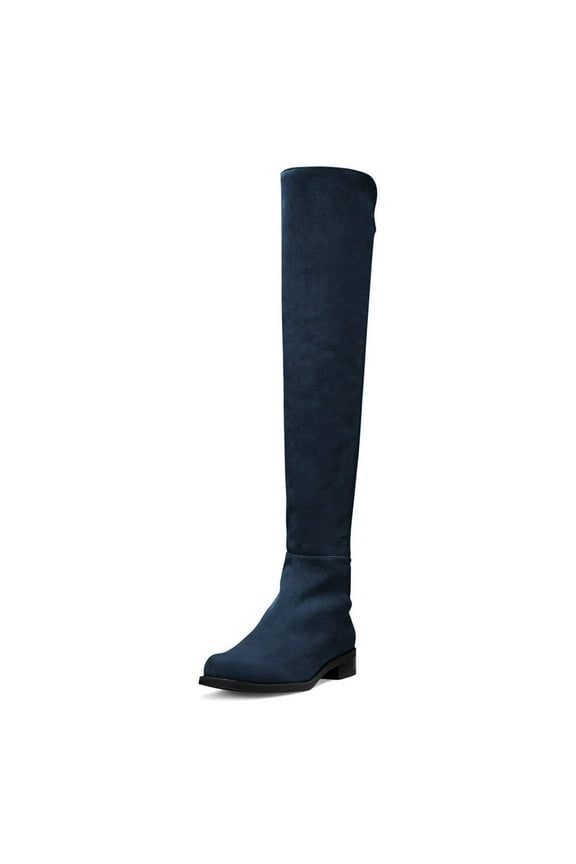 Women Comfortable Pull On Over The Knee Flats Heels Boots Round Closed Toe Knee High Low Heels Winter Shoes Size 12 Dark Blue