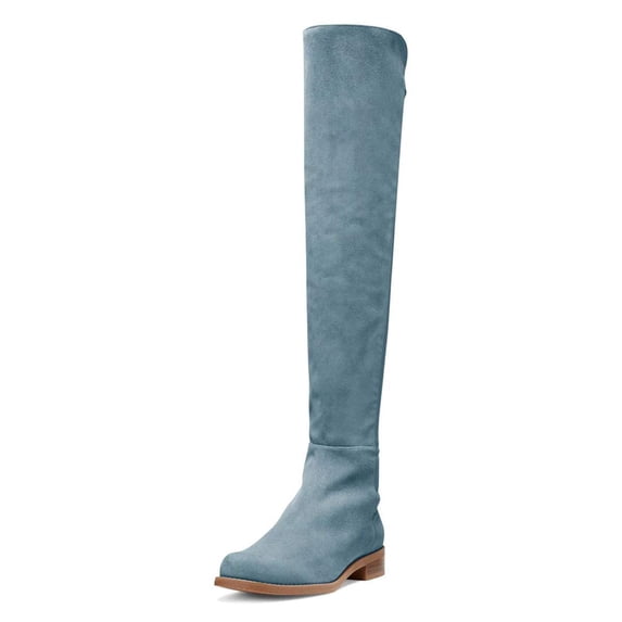 YDN Women Comfortable Pull On Over The Knee Flats Heels Boots Round Closed Toe Knee High Low Heels Winter Shoes Size 13 Blue