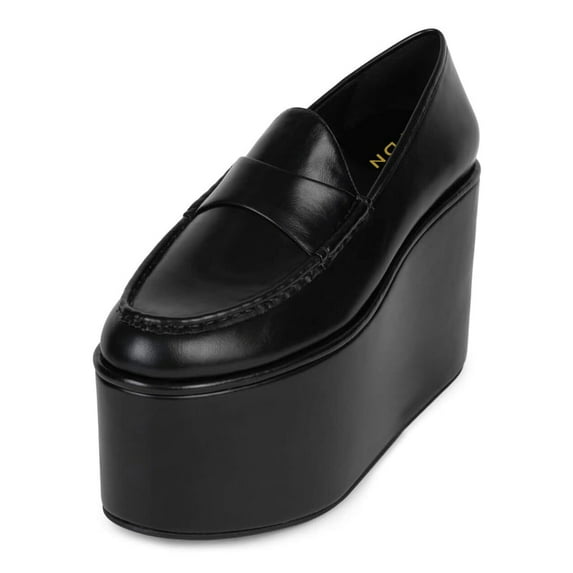 YDN Women Comfortable Round Toe Chunky Platform Loafers Wedge High Heel Slip On Pumps Office Evening Casual Shoes Size 8.5 Black