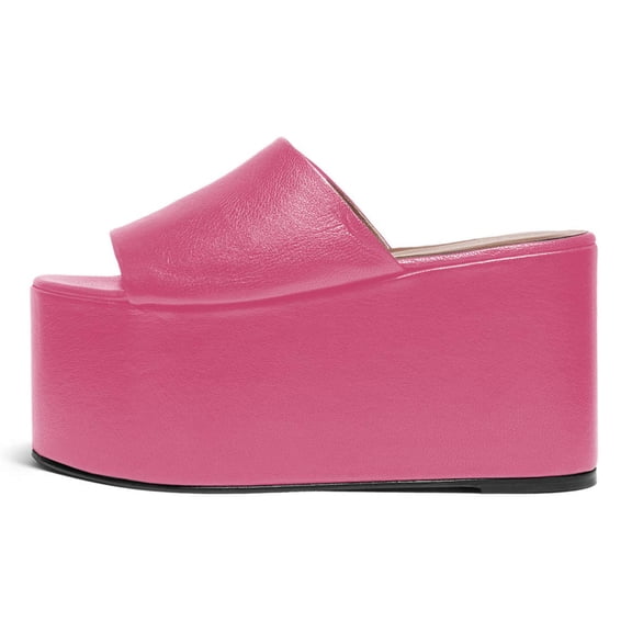 YDN Women Comfortable Thick Platform Wedge High Heel Sandals Round Open Toe Slip On Pumps Casual Dressy Slipper Shoes Size 4 Hot Pink