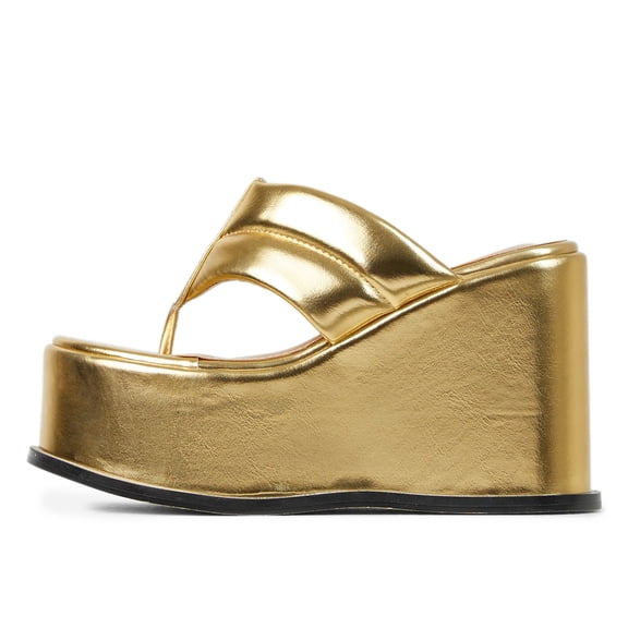 YDN Women Comfy Open Toe Slip On Mules Wedge High Heels Flip Flop Platform Slippers Summer Party Event Shoes Size 5 Gold