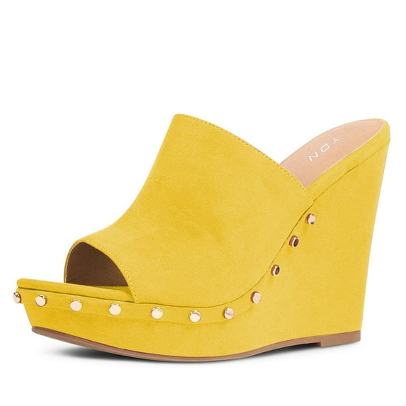 YDN Women Comfy Open Toe Studded Slide Sandals High Wedge Heels Platform Clogs Mules Slip On Shoes Size 10 Yellow
