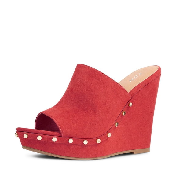 YDN Women Comfy Open Toe Studded Slide Sandals High Wedge Heels Platform Clogs Mules Slip On Shoes Size 4 Red