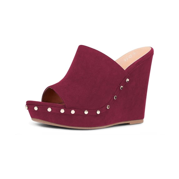 YDN Women Comfy Open Toe Studded Slide Sandals High Wedge Heels Platform Clogs Mules Slip On Shoes Size 8.5 Wine Red