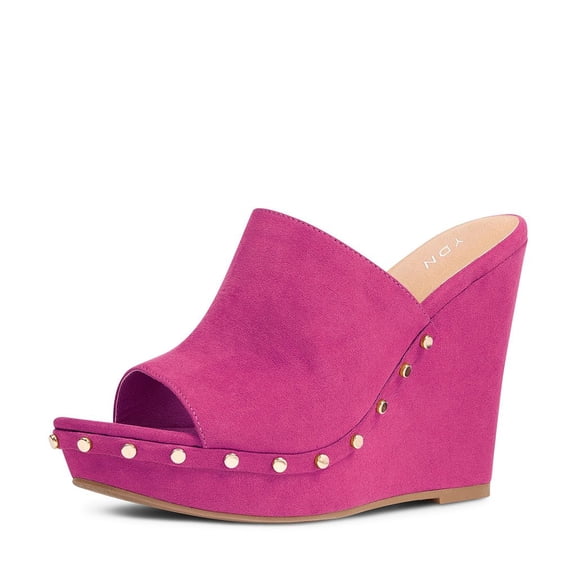YDN Women Comfy Open Toe Studded Slide Sandals High Wedge Heels Platform Clogs Mules Slip On Shoes Size 8 Magenta