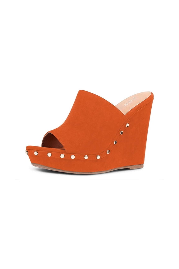 Women Comfy Open Toe Studded Slide Sandals High Wedge Heels Platform Clogs Mules Slip On Shoes Size 9 Orange
