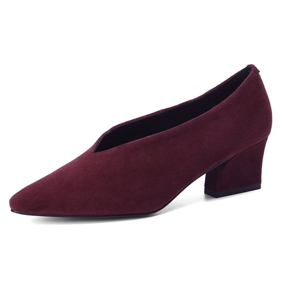 YDN Women Comfy Pointed Closed Toe V Cut Pumps Slip On Chunky Low Heels Formal Wear Outfit Work Shoes Size 5.5 Dark Red
