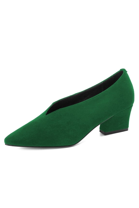 Women Comfy Pointed Closed Toe V Cut Pumps Slip On Chunky Low Heels Formal Wear Outfit Work Shoes Size 8.5 Green