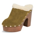 thumbnail image 1 of YDN Women Comfy Rivets Slip On Backless Mules Round Toe Fur Sandals Platform Chunky High Heels Daily Slide Shoes Size 11 Olive, 1 of 4