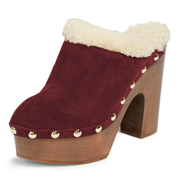 YDN Women Comfy Rivets Slip On Backless Mules Round Toe Fur Sandals Platform Chunky High Heels Daily Slide Shoes Size 14 Red