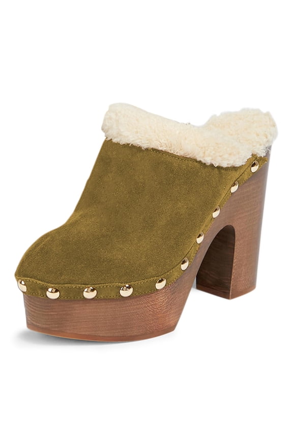 Women Comfy Rivets Slip On Backless Mules Round Toe Fur Sandals Platform Chunky High Heels Daily Slide Shoes Size 5 Olive