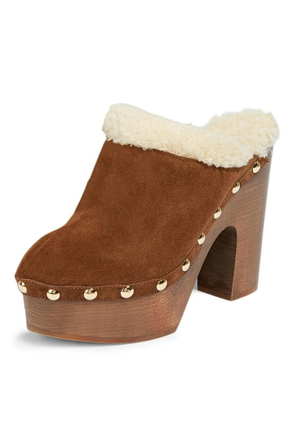 Women Comfy Rivets Slip On Backless Mules Round Toe Fur Sandals Platform Chunky High Heels Daily Slide Shoes Size 6.5 Brown