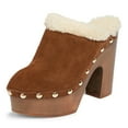 thumbnail image 1 of YDN Women Comfy Rivets Slip On Backless Mules Round Toe Fur Sandals Platform Chunky High Heels Daily Slide Shoes Size 7 Brown, 1 of 4