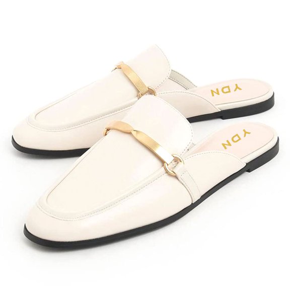 YDN Women Comfy Round Closed Toe Backless Flat Mules Metal Strap Slip On Slippers Casual Fashion Office Shoes Size 10.5 White