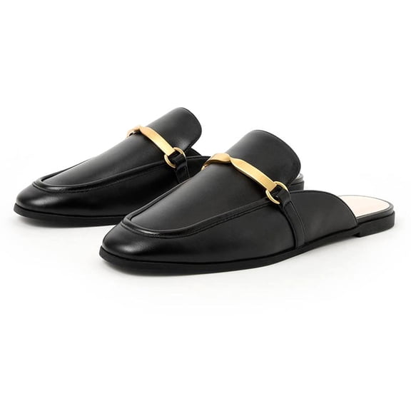 YDN Women Comfy Round Closed Toe Backless Flat Mules Metal Strap Slip On Slippers Casual Fashion Office Shoes Size 14 Black
