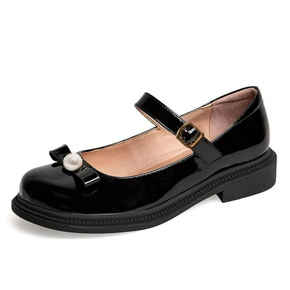 YDN Women Cozy Round Toe Buckle Strap Mary Jane Flats Bows Pearl Block Low Heel Pumps Daily Wear Outfit Shoes Size 11 Black