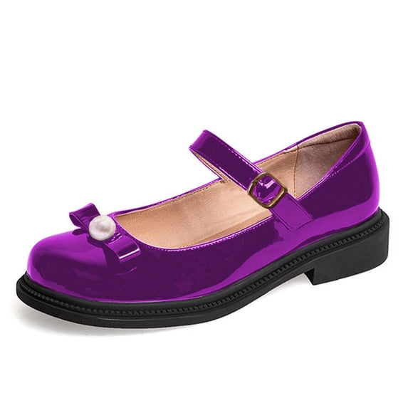 YDN Women Cozy Round Toe Buckle Strap Mary Jane Flats Bows Pearl Block Low Heel Pumps Daily Wear Outfit Shoes Size 14 Purple