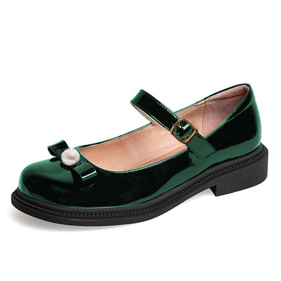 YDN Women Cozy Round Toe Buckle Strap Mary Jane Flats Bows Pearl Block Low Heel Pumps Daily Wear Outfit Shoes Size 7 Dark Green