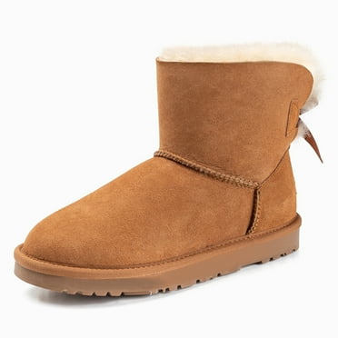 YDN Women Cozy Slip On Low Heels Back Bow Short Boots Round Closed Toe Flats Ankle Booties Winter Warm Shoes Size 7 Brown