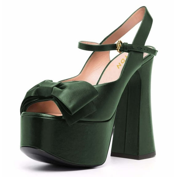 YDN Women Cute Bowknot Peep Open Toe Slingback Platform Sandals Chunky High Heels Ankle Strap Pumps Dress Prom Shoes Size 11 Dark Green