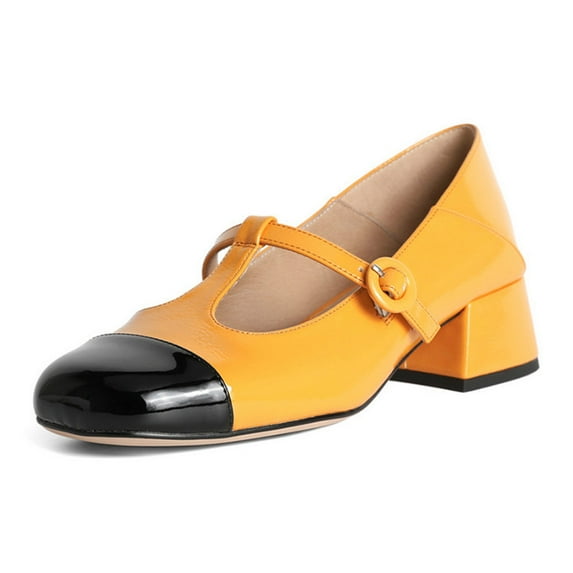 YDN Women Cute Chunky Block Low Heel Mary Janes Cap Toe T-Strap Buckle Two Toned Pumps Comfy Daily Wear Shoes Size 15 Yellow