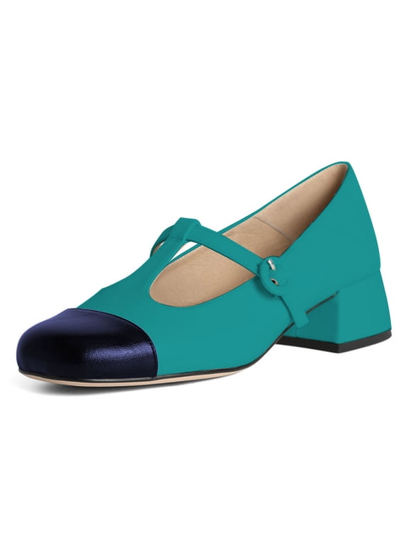 Women Cute Chunky Block Low Heel Mary Janes Cap Toe T-Strap Buckle Two Toned Pumps Comfy Daily Wear Shoes Size 16 Turquoise