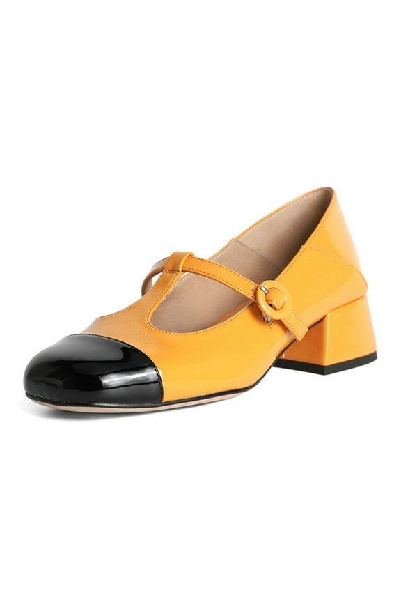Women Cute Chunky Block Low Heel Mary Janes Cap Toe T-Strap Buckle Two Toned Pumps Comfy Daily Wear Shoes Size 16 Yellow