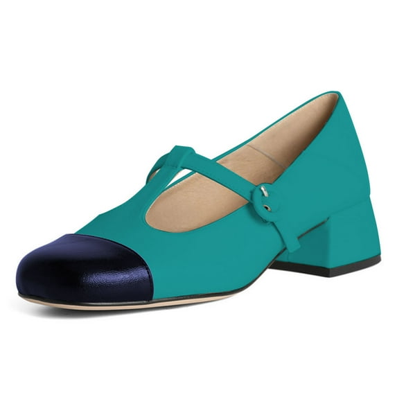 YDN Women Cute Chunky Block Low Heel Mary Janes Cap Toe T-Strap Buckle Two Toned Pumps Comfy Daily Wear Shoes Size 6 Turquoise