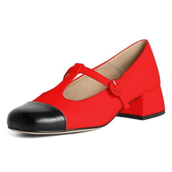 YDN Women Cute Chunky Block Low Heel Mary Janes Cap Toe T-Strap Buckle Two Toned Pumps Comfy Daily Wear Shoes Size 9.5 Red