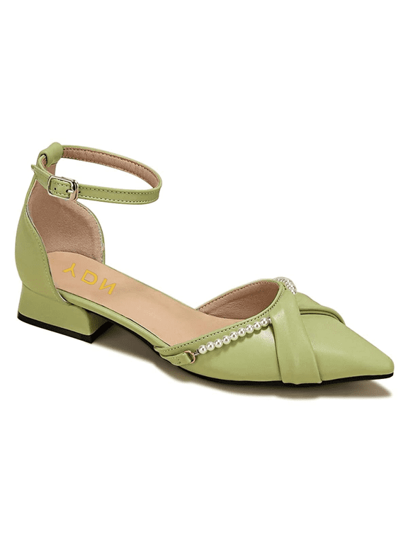 Women Cute Pearl Chains D'orsay Pumps Ankle Strap Low Block Heels Pointy Toe Shoes Dress Party Wedding Size 5.5 Green