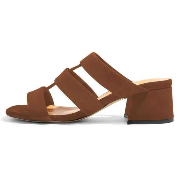 YDN Women Cute Round Open Toe Chunky Mid Heel Strappy Gladiator Sandals Chic Cutout Slip On Mules Casual Daily Shoes Size 9.5 Brown