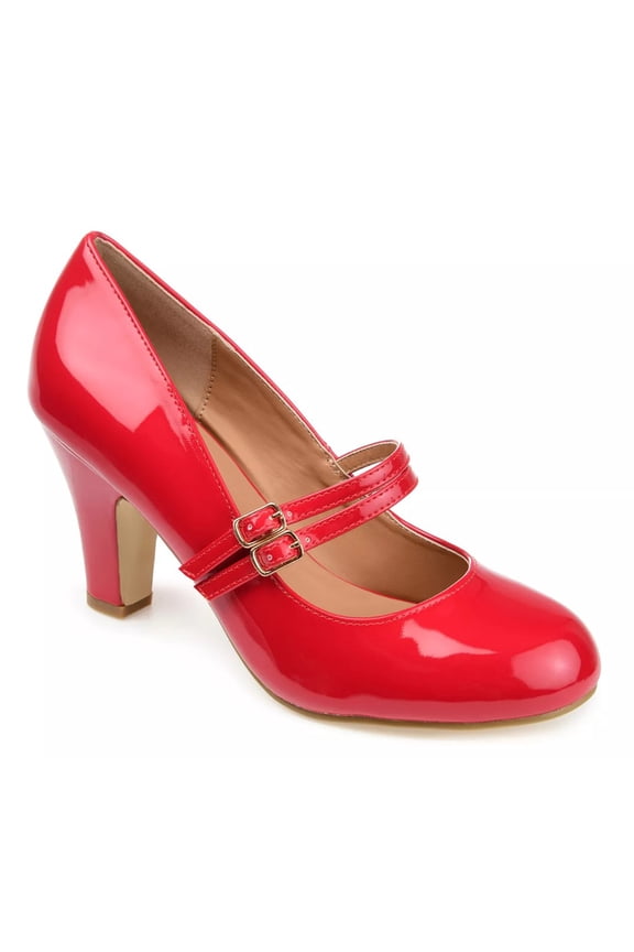 Women Cute Round Toe Mary Janes Double Buckle Strap Mid Chunky Heels Comfortable Dressy Work Pumps Size 5 Red