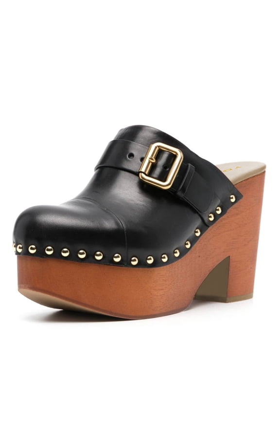 Women Daily Rivet Studded Closed Toe Mules Platform Chunky Heels Buckled Strap Slip On Sandals Shoes Size 5 Black