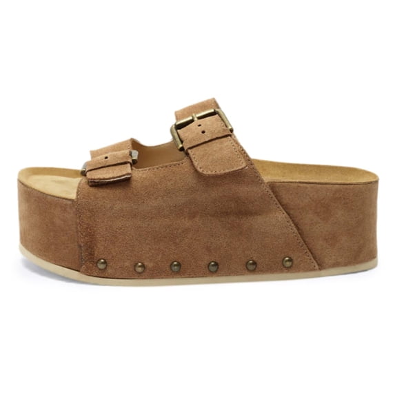 YDN Women Double Buckle Strap Mid Heeled Mules Rivets Platform Slip On Open Toe Slippers Shopping Prom Dressy Shoes Size 13 Brown