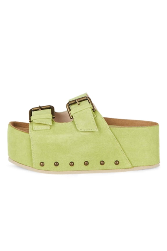 Women Double Buckle Strap Mid Heeled Mules Rivets Platform Slip On Open Toe Slippers Shopping Prom Dressy Shoes Size 7.5 Green