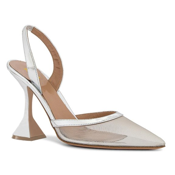 YDN Women Elastic Backstrap Mesh Slingback Pumps Pointy Toe Slip On High Heels Sandals Sexy Party Dressy Prom Shoes Size 15 Silver