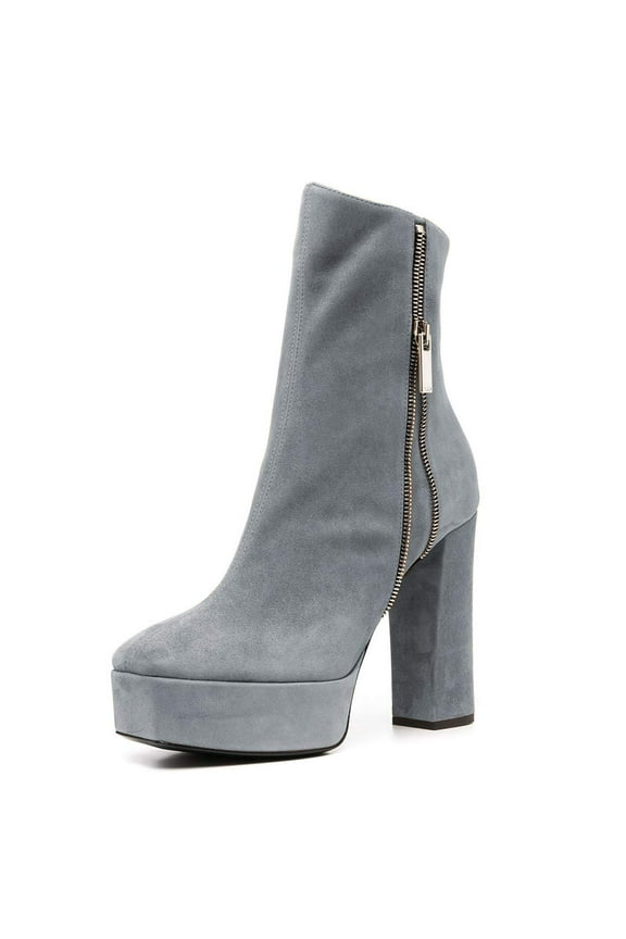 Women Elegant Chunky High Heel Fashion Zipper Design Platform Booties Cozy Square Toe Side Zip Up Ankle Boots Winter Shoes 6 Grey