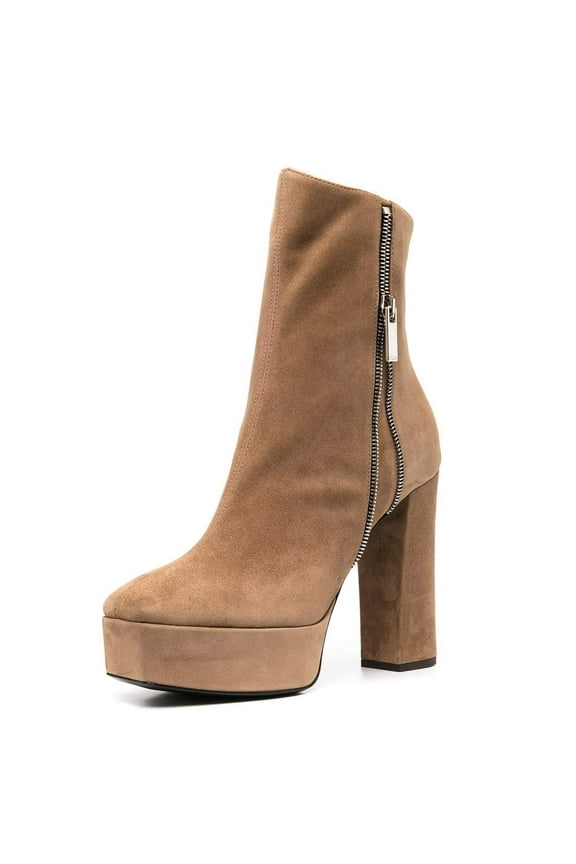 Women Elegant Chunky High Heel Fashion Zipper Design Platform Booties Cozy Square Toe Side Zip Up Ankle Boots Winter Shoes 9 Camel