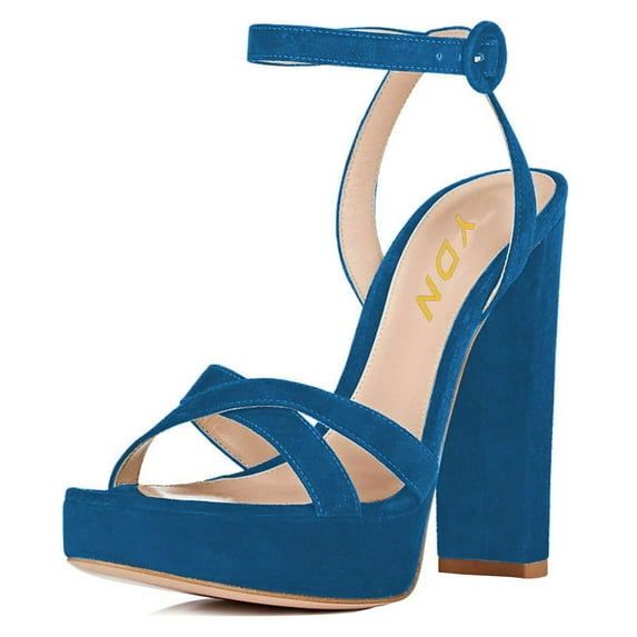 YDN Women Elegant Open Toe Chunky Block High Heel Sandals Ankle Buckle Straps Platform Pumps Wedding Dress Shoes Size 5.5 Dark Blue