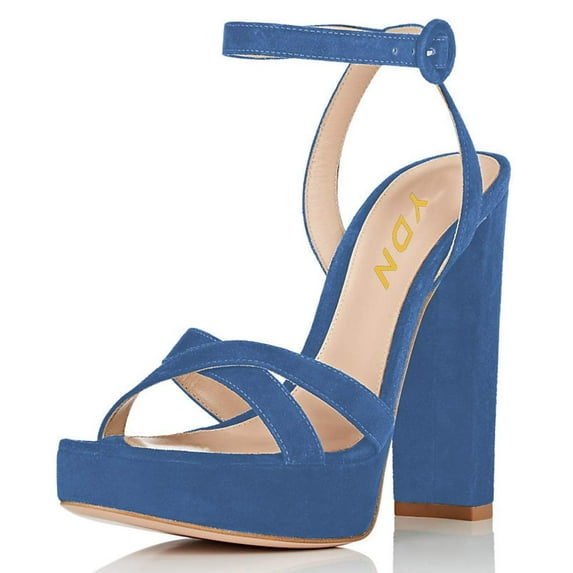 YDN Women Elegant Open Toe Chunky Block High Heel Sandals Ankle Buckle Straps Platform Pumps Wedding Dress Shoes Size 7 Blue