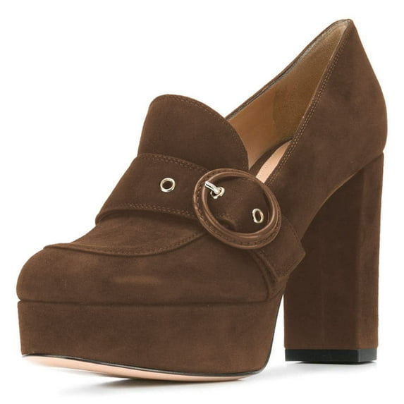 YDN Women Elegant Platform Chunky High Heels Pumps Buckled Round Closed Toe Slip On Dressy Prom Party Slide Shoes Size 13 Brown