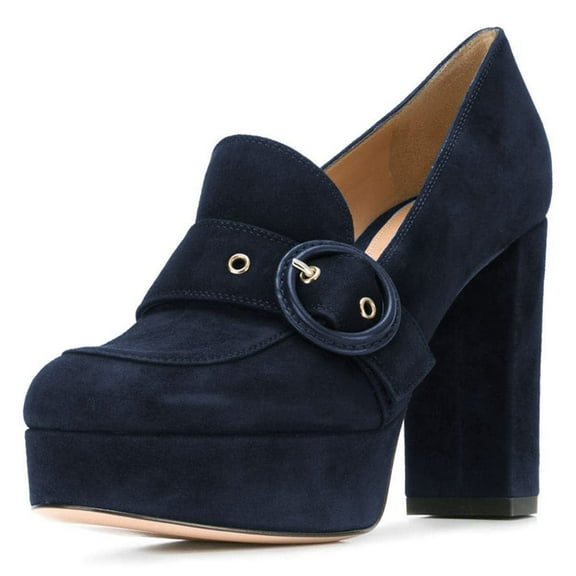 YDN Women Elegant Platform Chunky High Heels Pumps Buckled Round Closed Toe Slip On Dressy Prom Party Slide Shoes Size 15 Navy